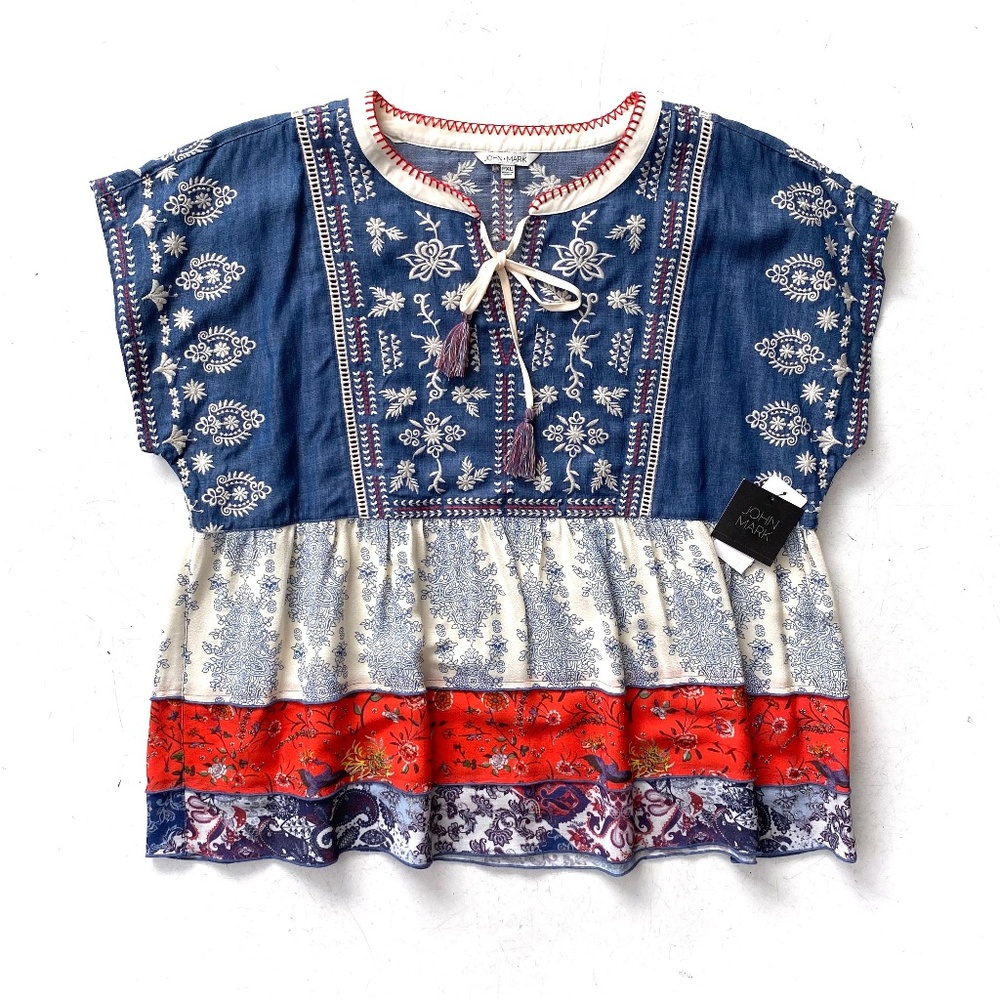 John Mark Nwt Embroidered Blue Tiered Tie Neck Tunic Top Blouse Petite XL PXL